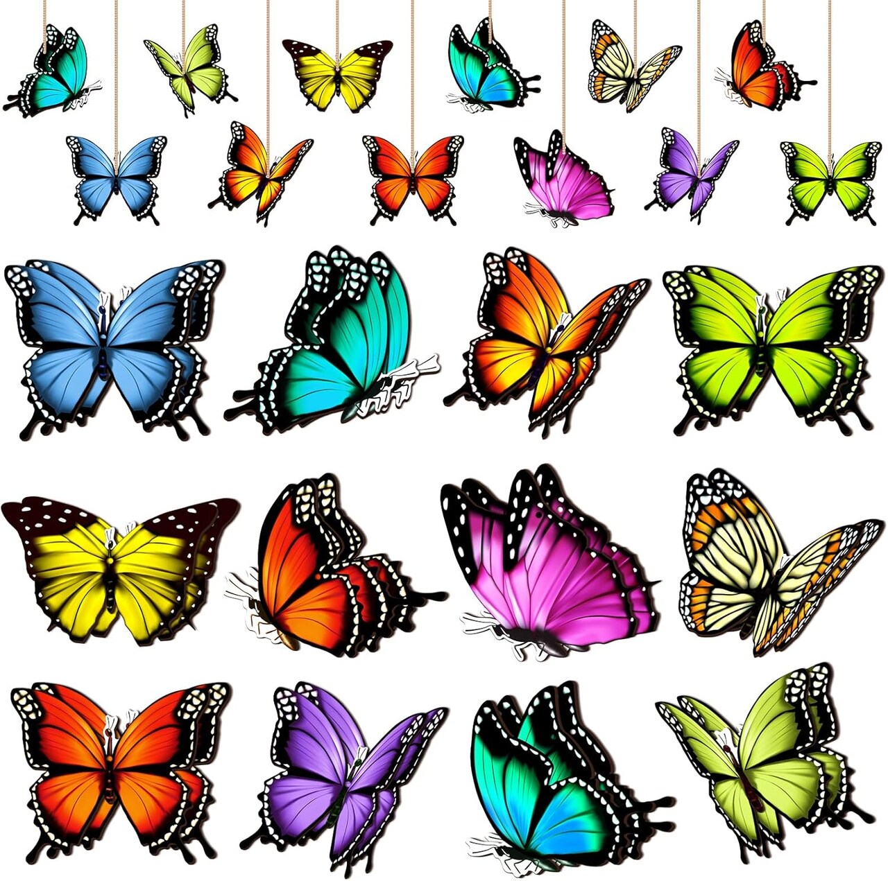 24 Pcs Spring Butterfly Hanging Ornaments – Wooden Butterfly Pendants with Ropes for Trees, Farmhouse Decor, Parties, and DIY Crafts